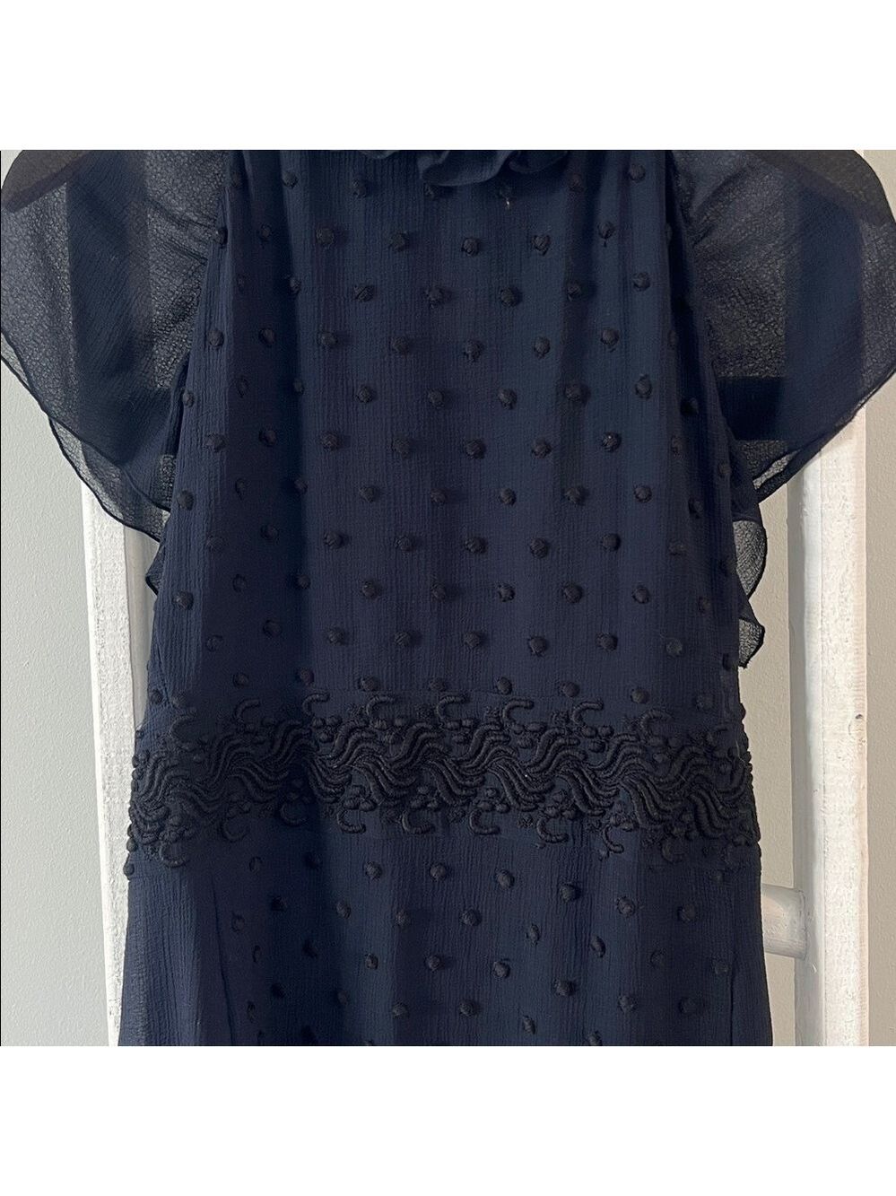 See by Chloe High ruffle neck black chiffon polka dot flutter sleeve dress 2 - Picture 5 of 15